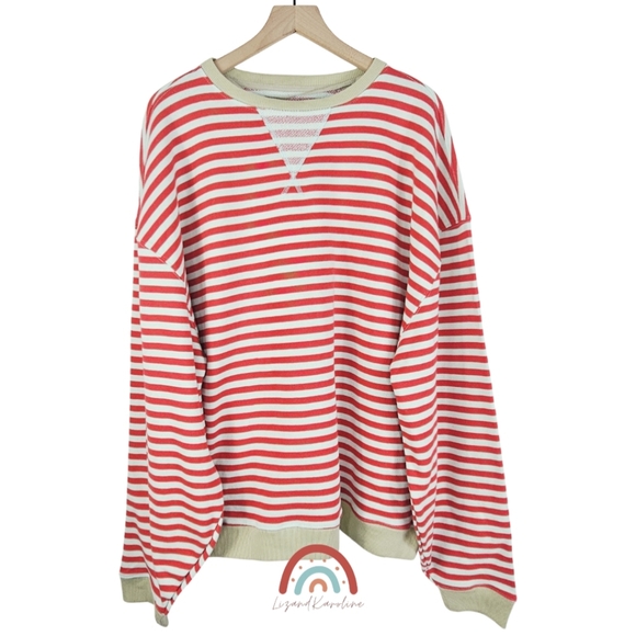 New! FP We The Free Classic Striped Oversized Crewneck in Cherry Combo - Picture 4 of 12